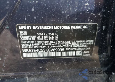 2019 BMW 740 Xi z USA, uszkodzony, nr VIN WBA7E4C53KGV69995